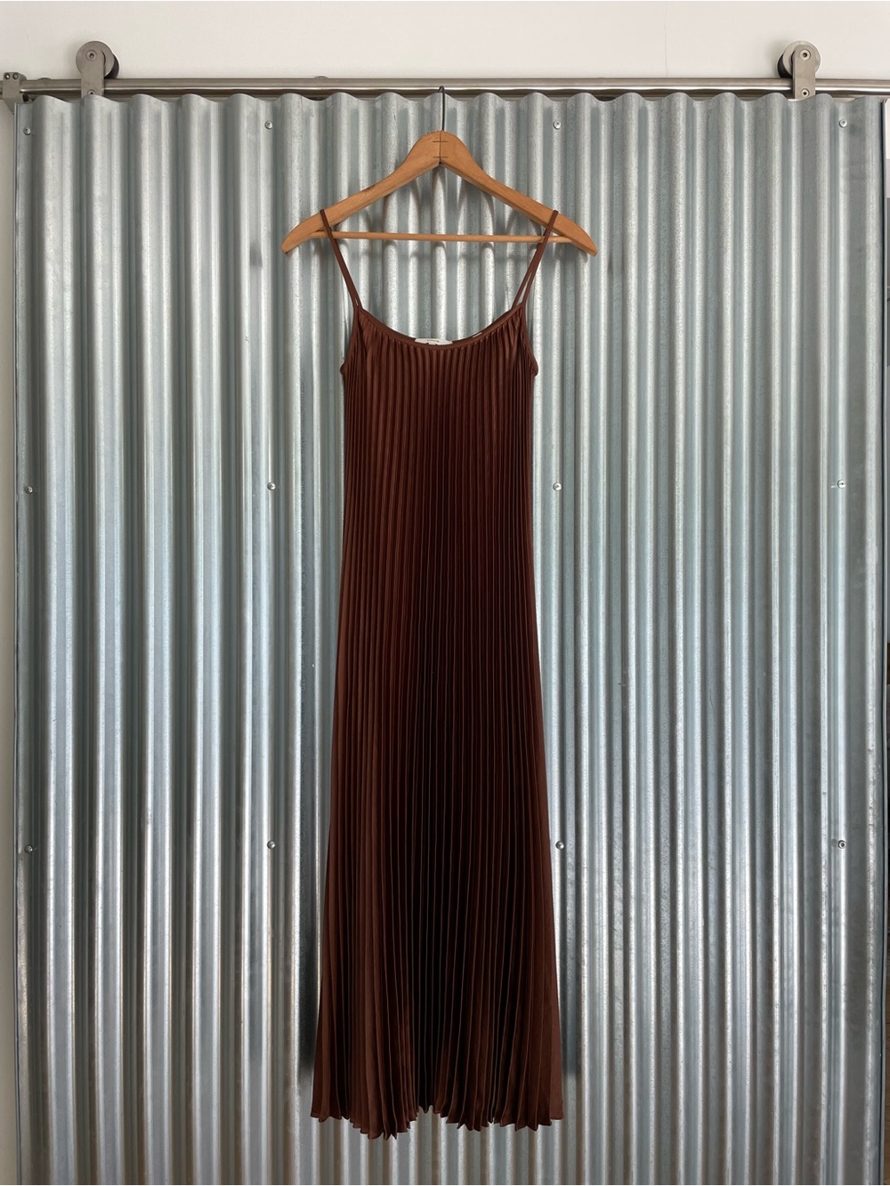 Vince Brown Pleated Maxi Slip Dress